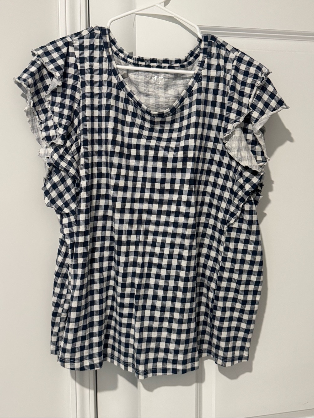 Women's Navy and White Gingham Ruffle Sleeve Top